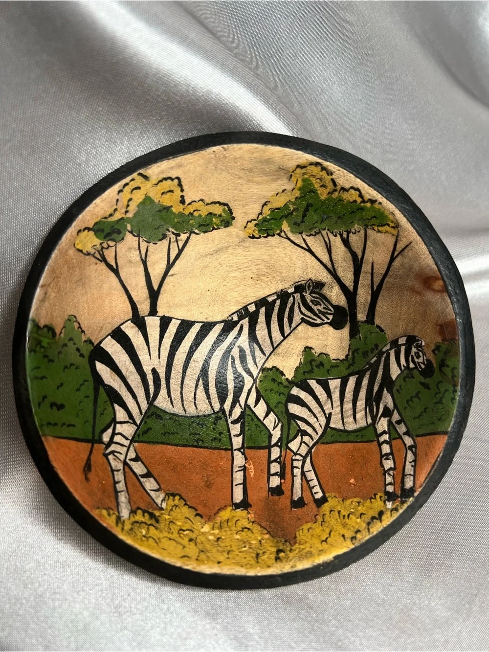 Hand-Painted Zebra 5” Wooden Bowl— Black, Green, Tan